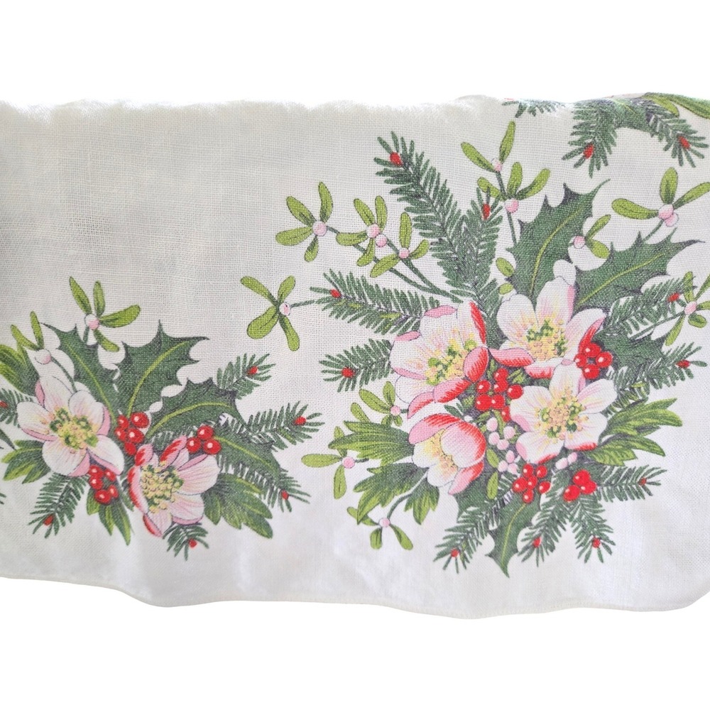 Vintage Kreier Table Cloth White Christmas Holly Mistletoe 34" Square Linen MCM